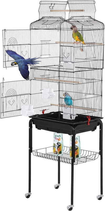 64 Inch Wrought Iron Bird Cage for Parakeets Medium Small Parrots Parakeet Cage with Detachable Rolling Stand & Play Open Top for Cockatiels Lovebird Finches Canaries (Black)